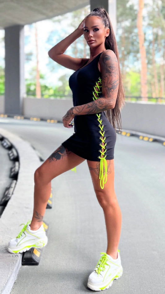 Women’s Lace-Up Dress Verudela Black & Neon Green