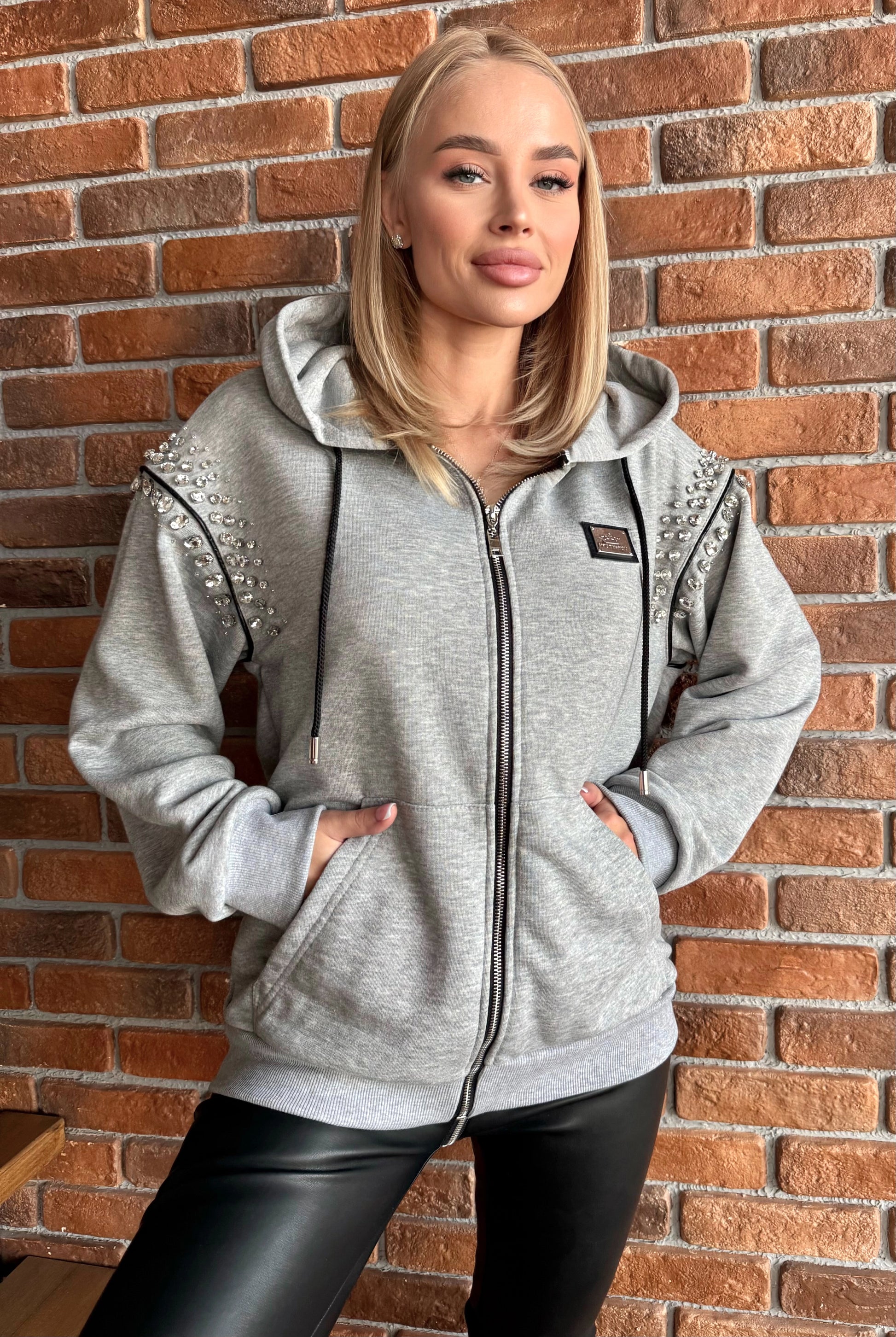 Women’s Hoodie Crystal Zipper — Grey Valery