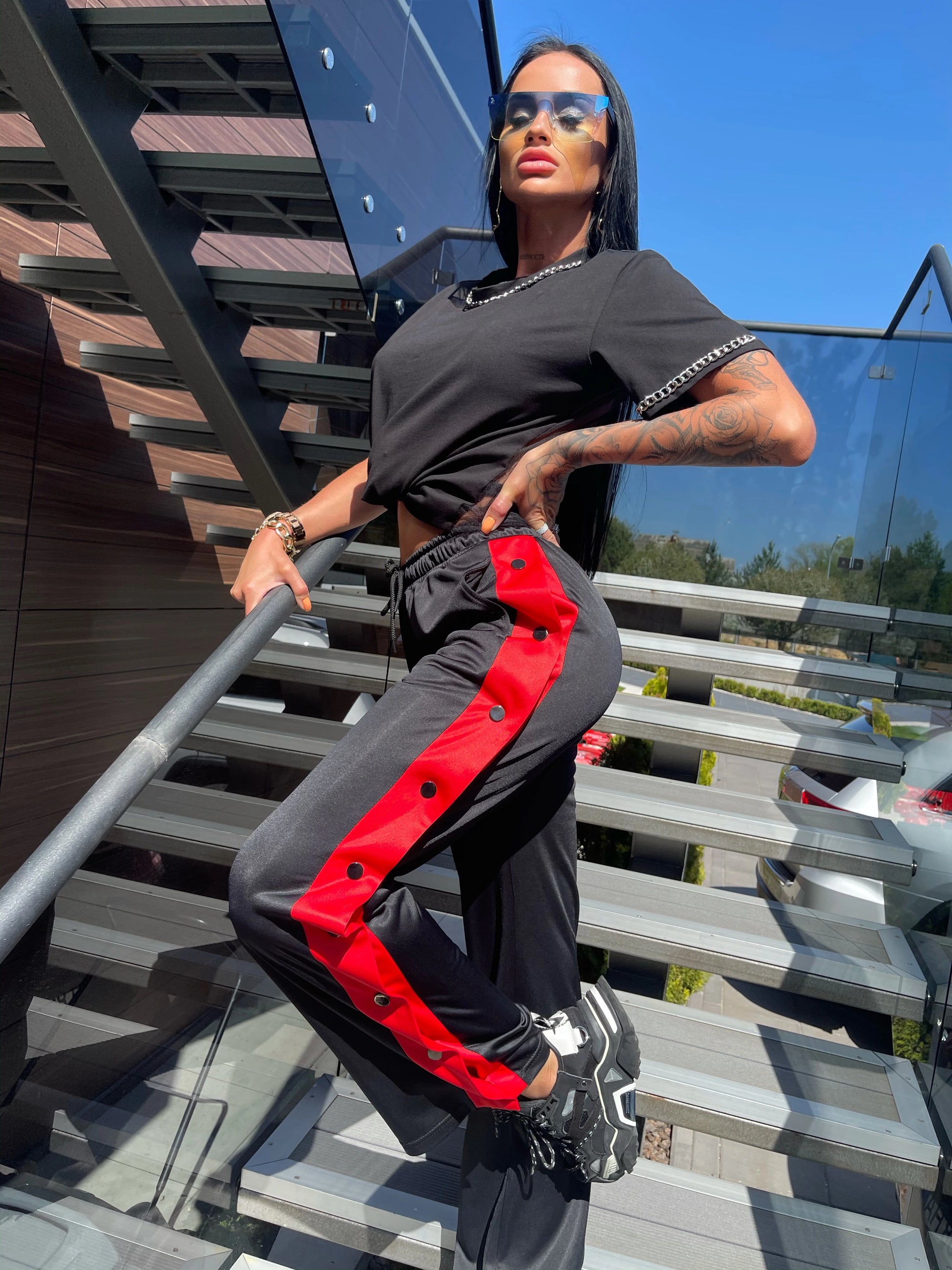 Women’s Snap-Side Trousers Unbutton Black-Red