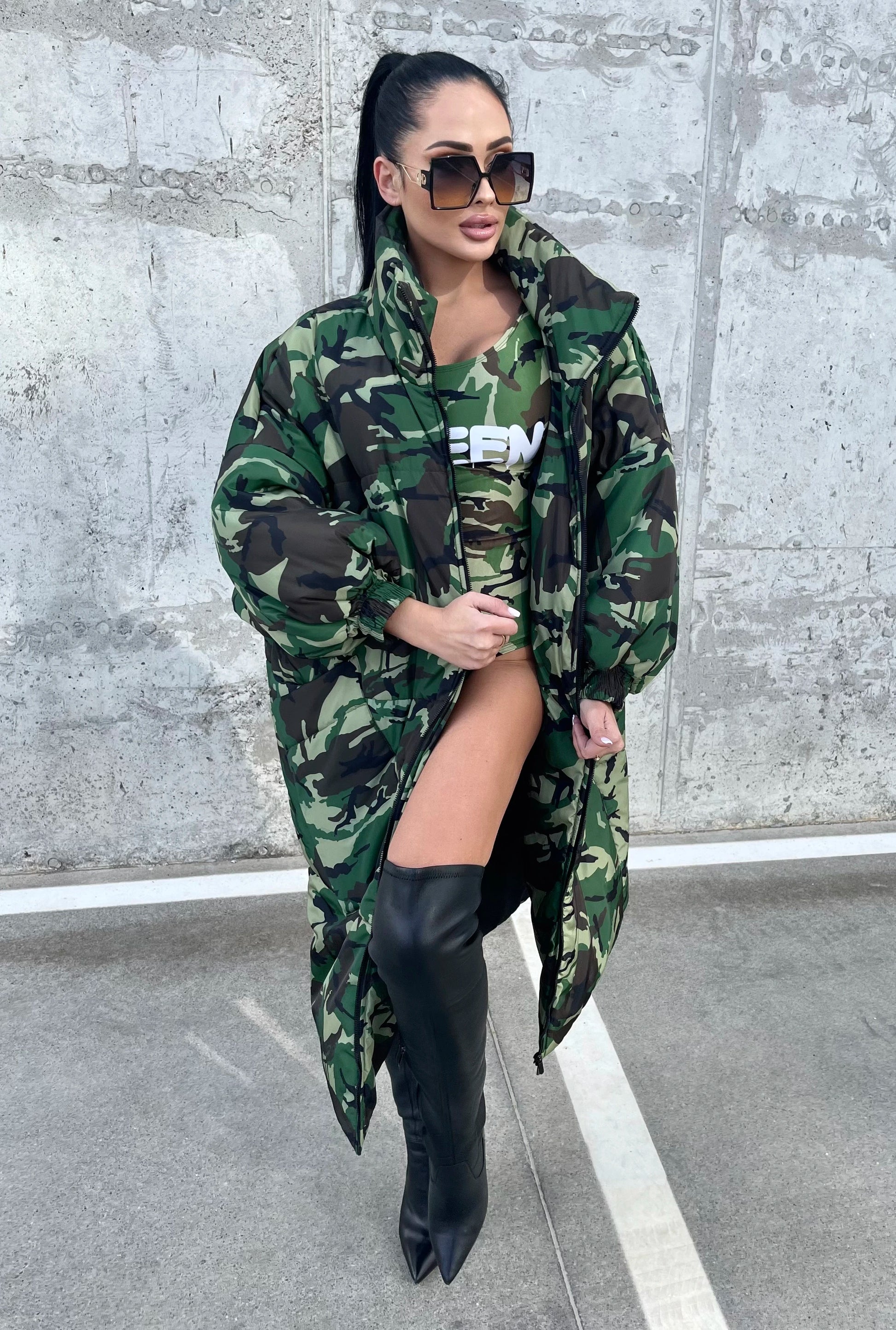 Women’s Oversized Winter Puffer Coat – Camo Queen