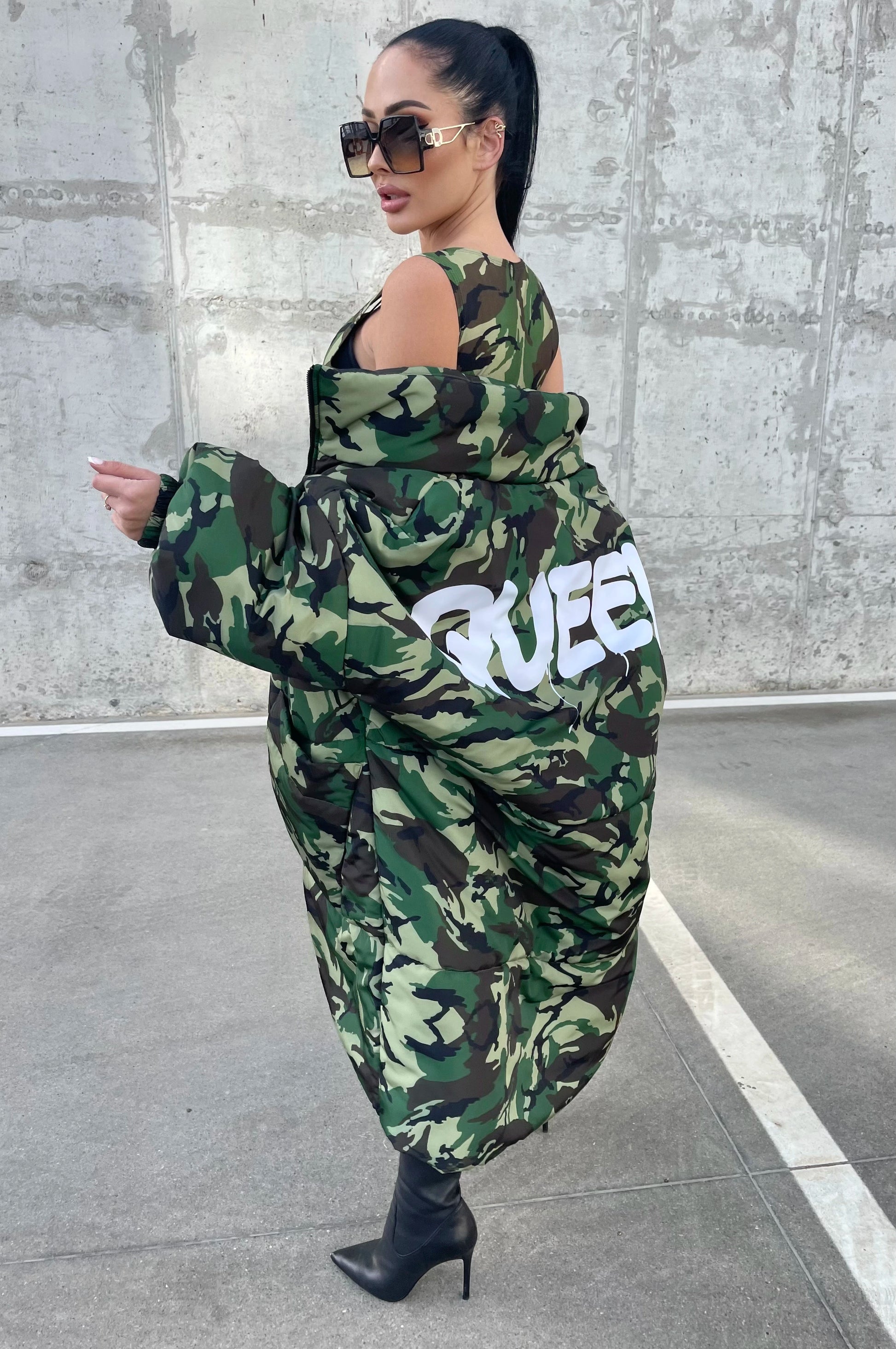 Women’s Oversized Winter Puffer Coat – Camo Queen