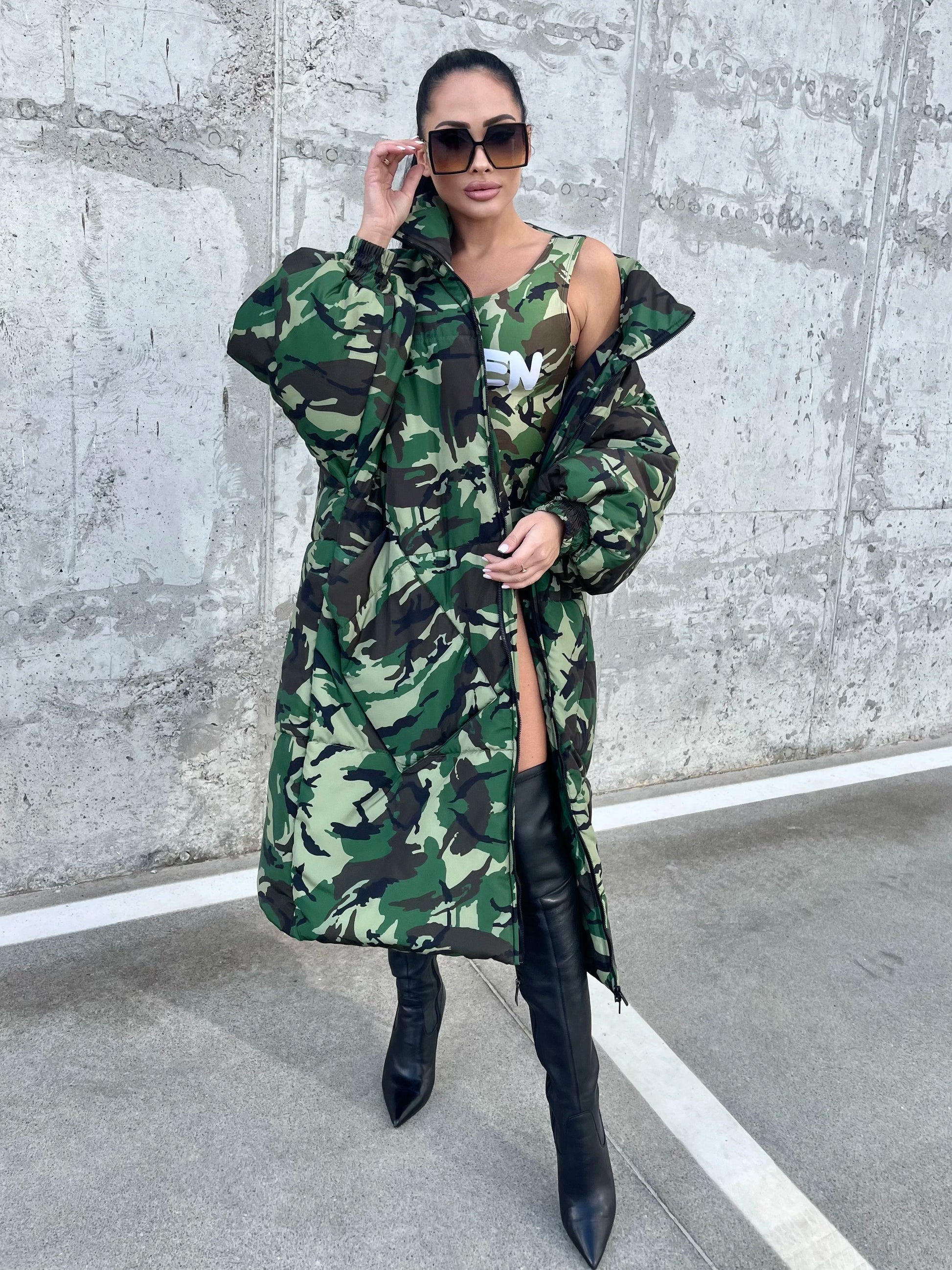 Women’s Oversized Winter Puffer Coat – Camo Queen