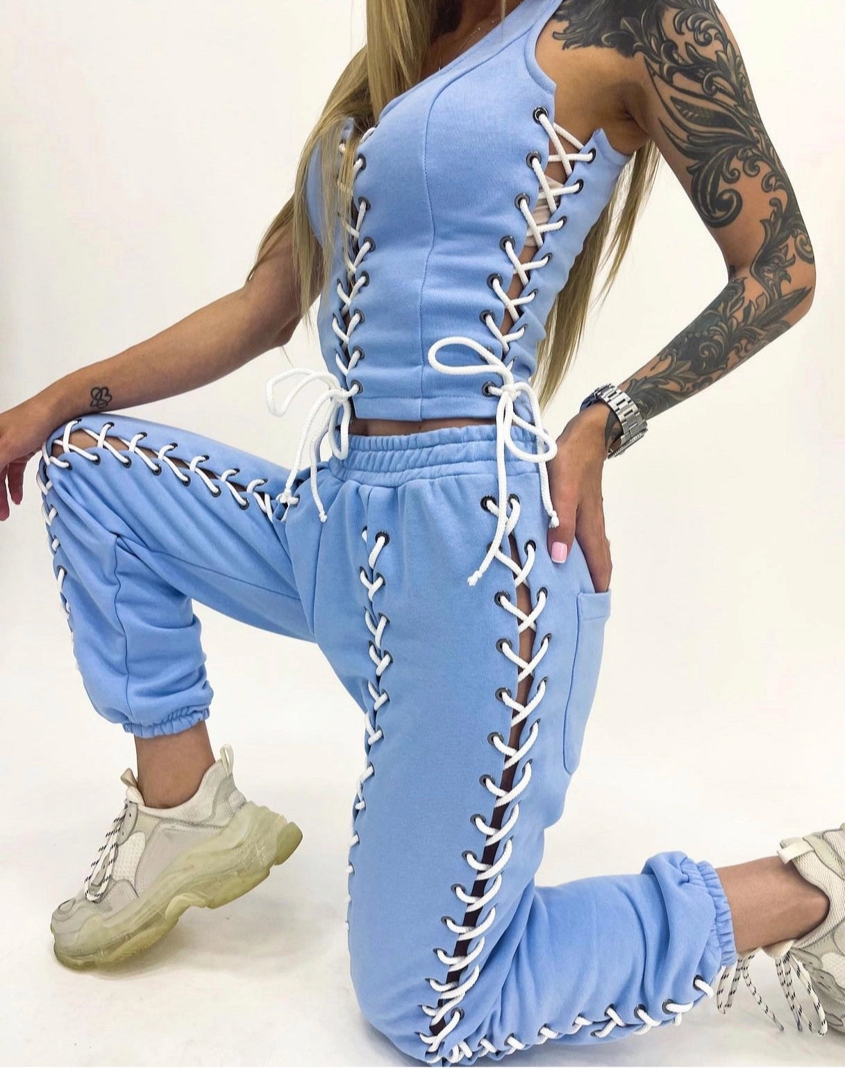 Women’s Blue Lace-Up Corset Tracksuit — Lacy Short