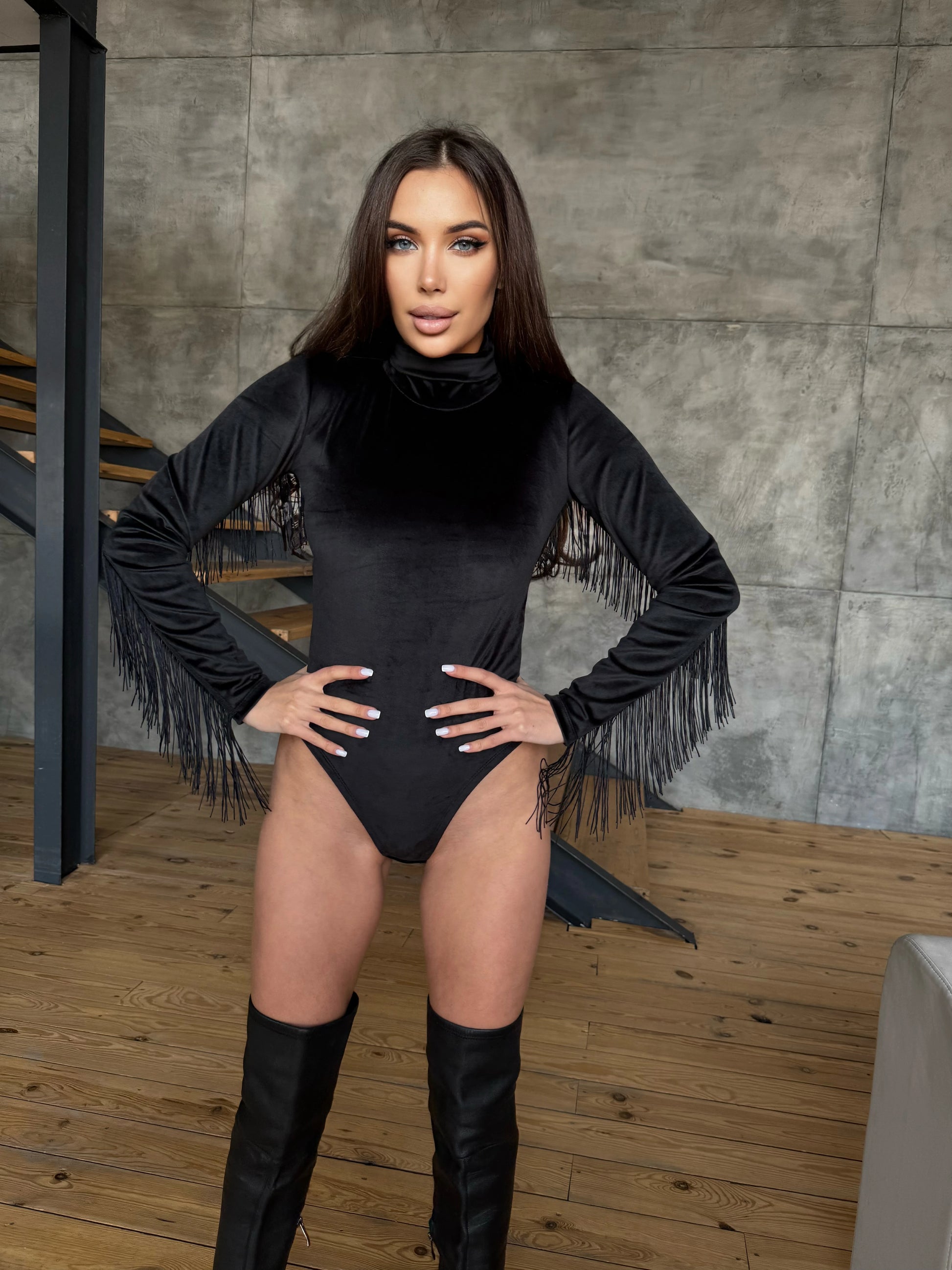 Women’s Bodysuit Frangia Velour Fringe Black
