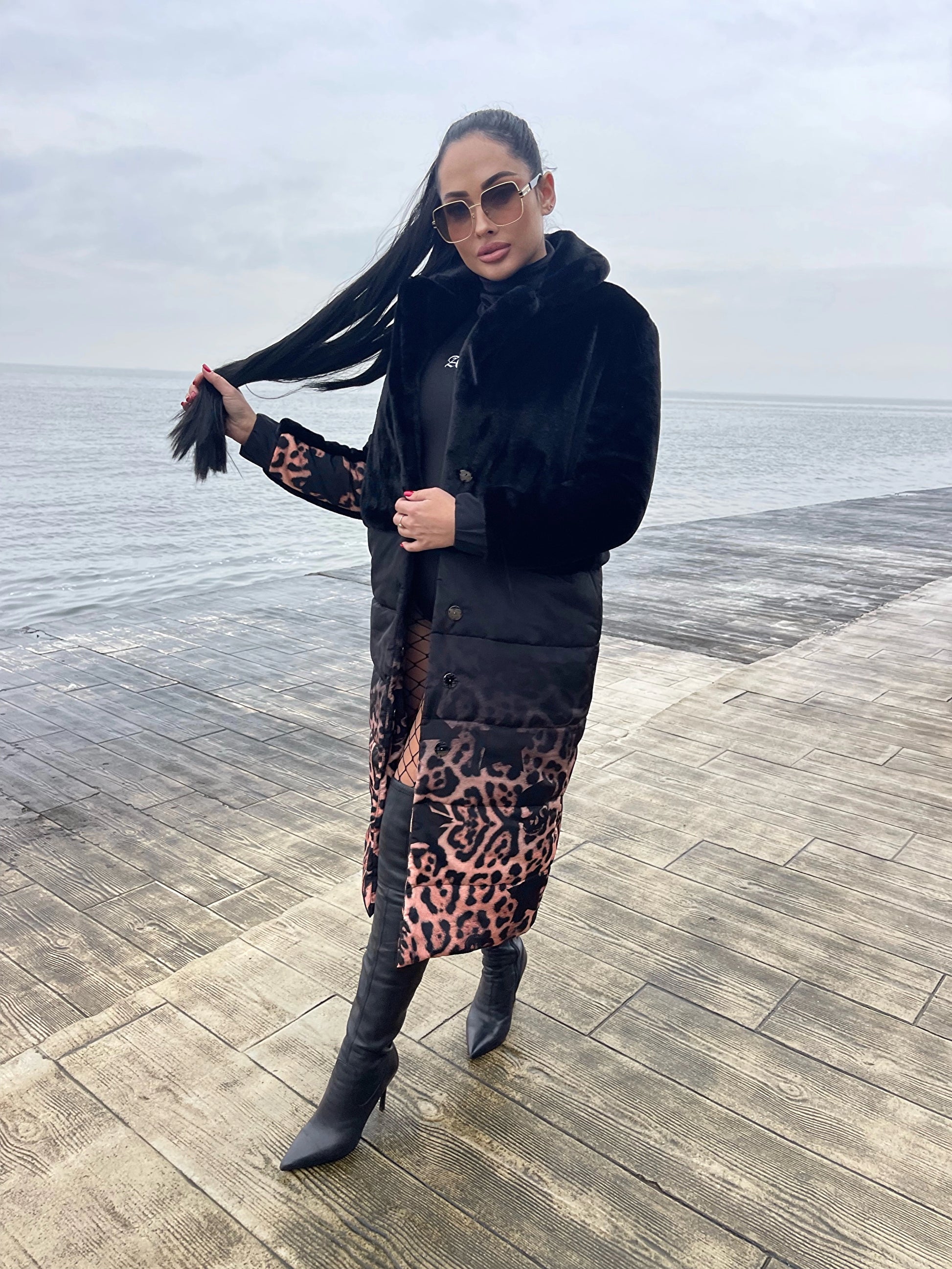 WOMEN’S ECO FUR COAT LEO — BLACK/LEOPARD