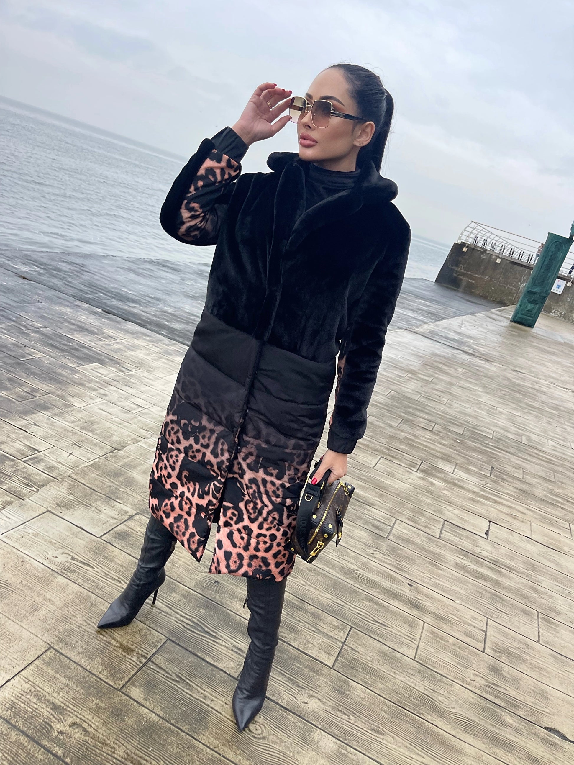 WOMEN’S ECO FUR COAT LEO — BLACK/LEOPARD