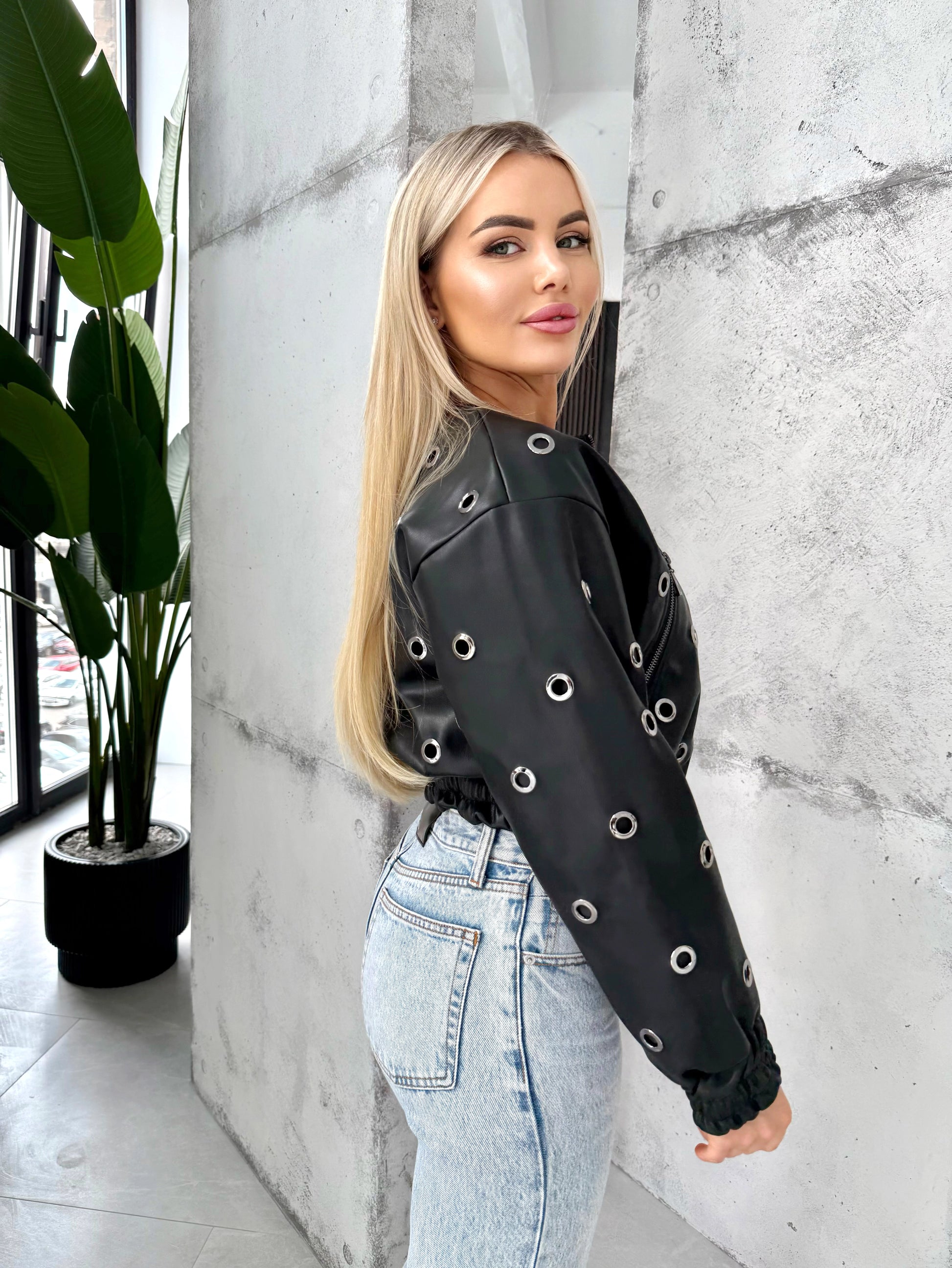 Women’s Faux Leather Bomber Jacket – Metal Rings