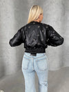 Women’s Faux Leather Bomber Jacket – Metal Rings