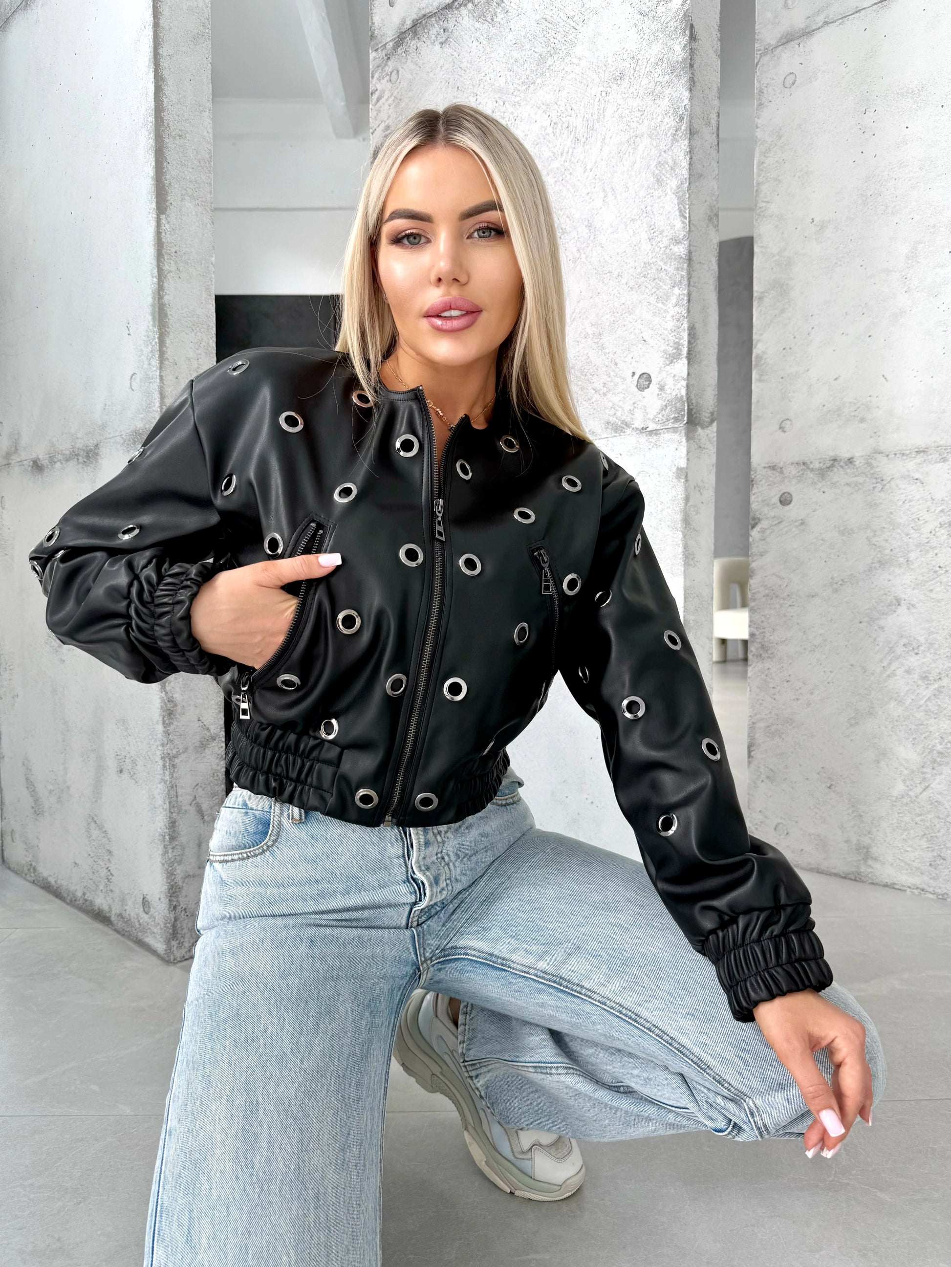 Women’s Faux Leather Bomber Jacket – Metal Rings