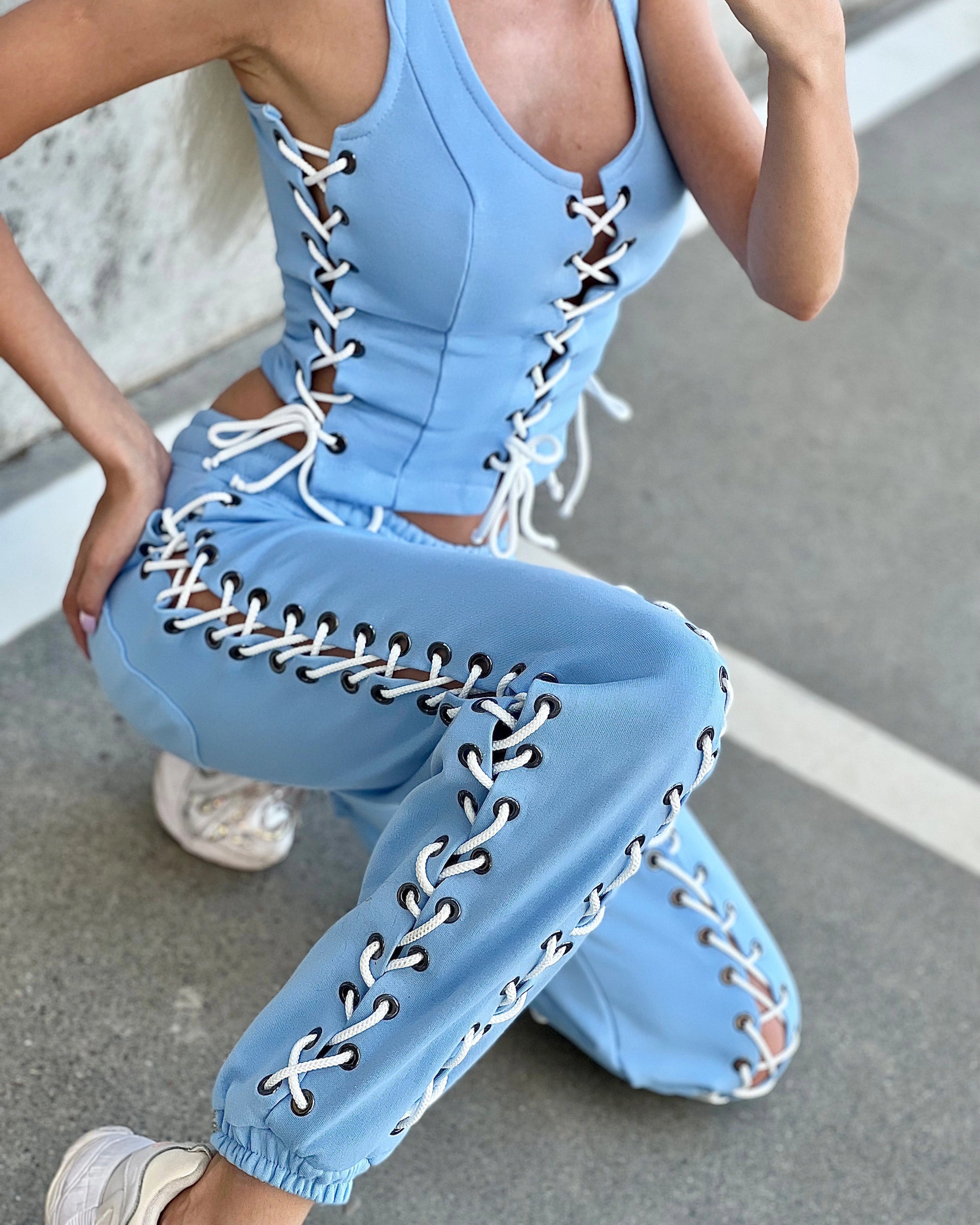 Women’s Blue Lace-Up Corset Tracksuit — Lacy Short