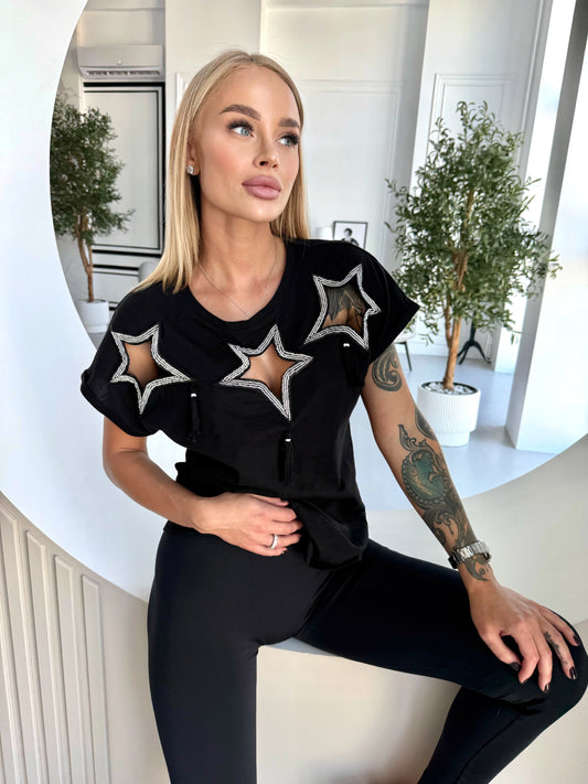 Women’s Stars Beaded T-Shirt Black