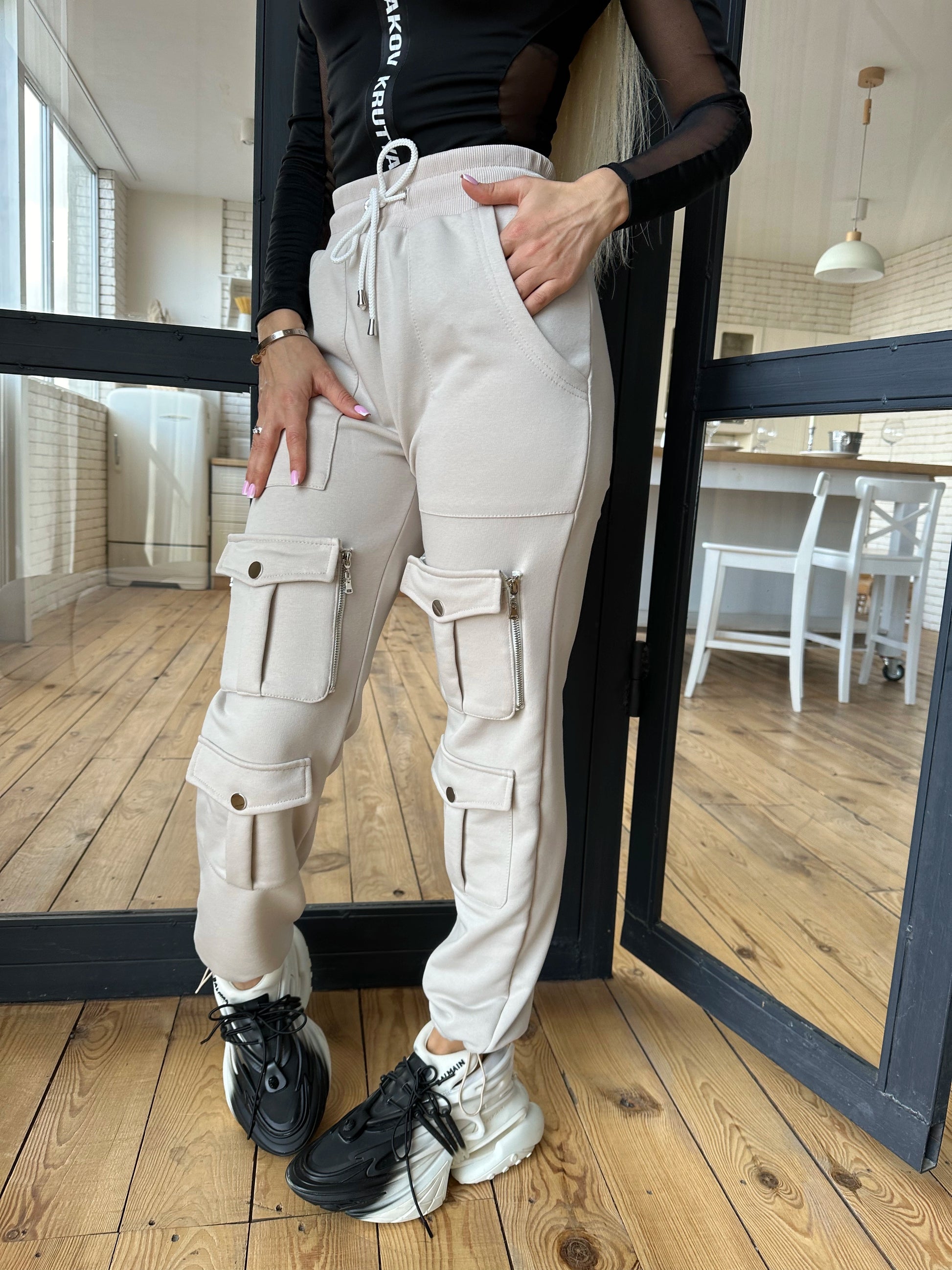 Women’s Knit Cargo Trousers Helen — Beige