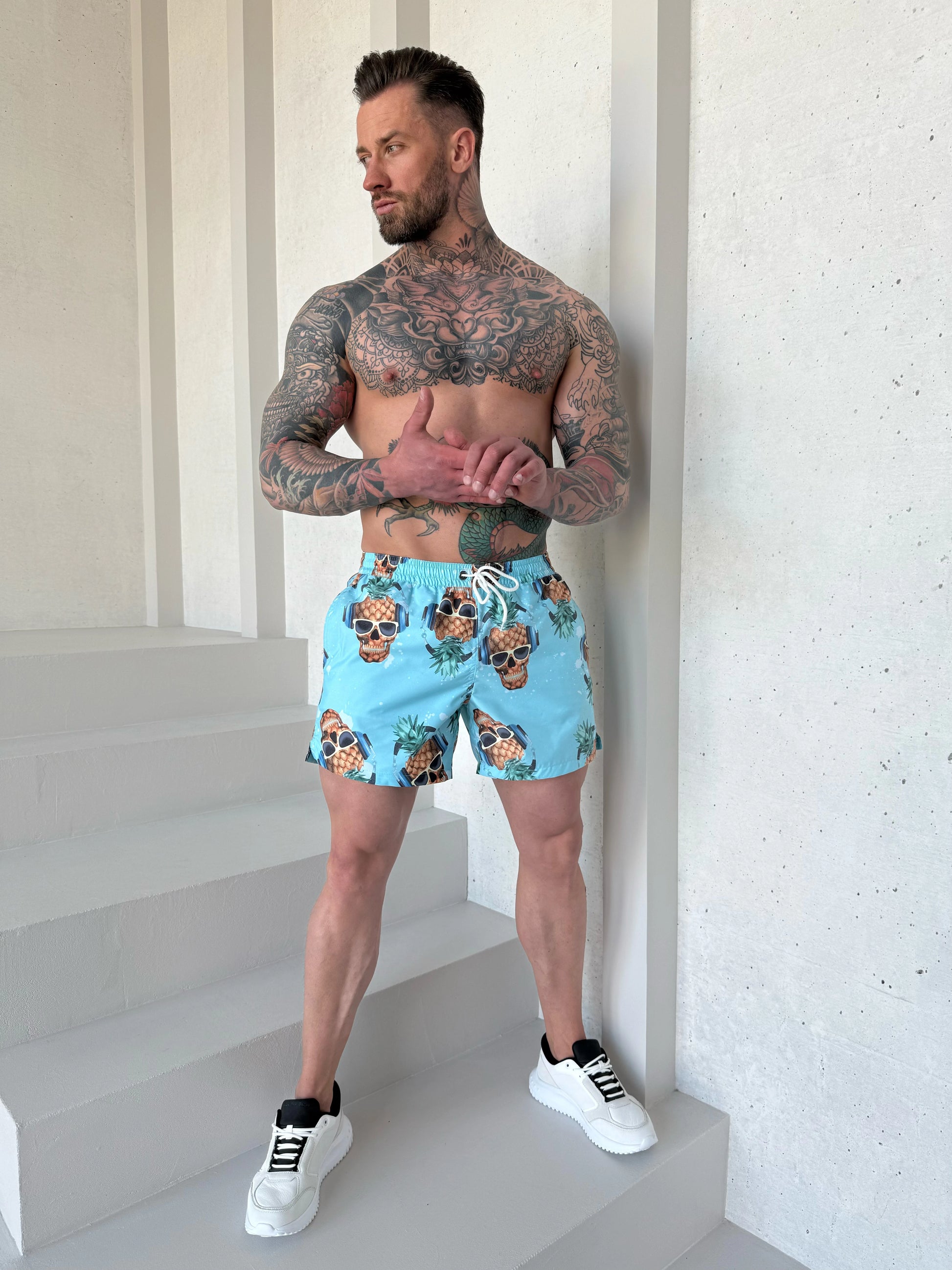Men’s Swimshorts Pineapple Skulls – Light Blue