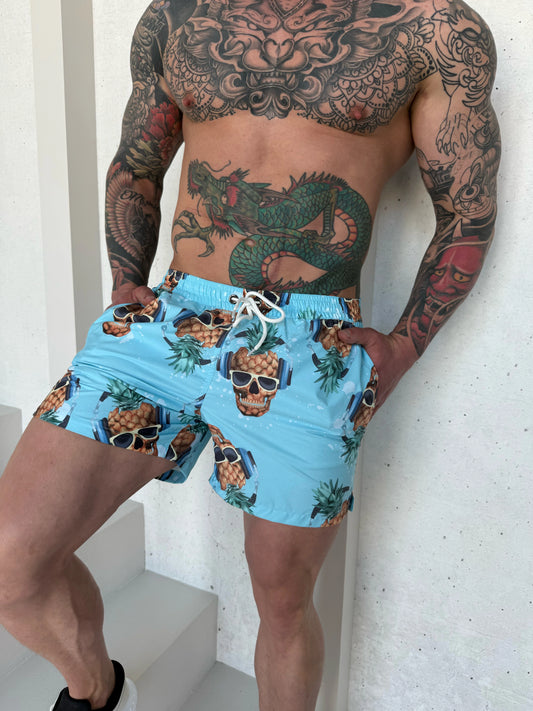 Men’s Swimshorts Pineapple Skulls – Light Blue