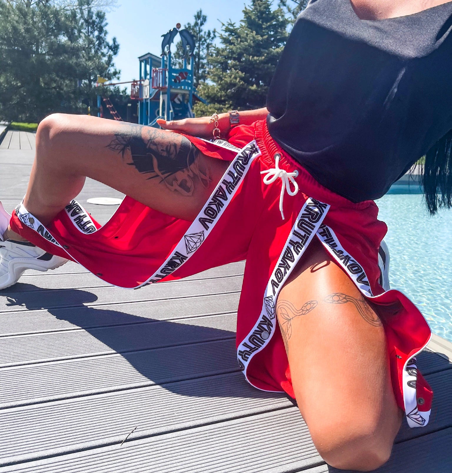 Women’s Front Snap Track Joggers Strip Diamonds — Red