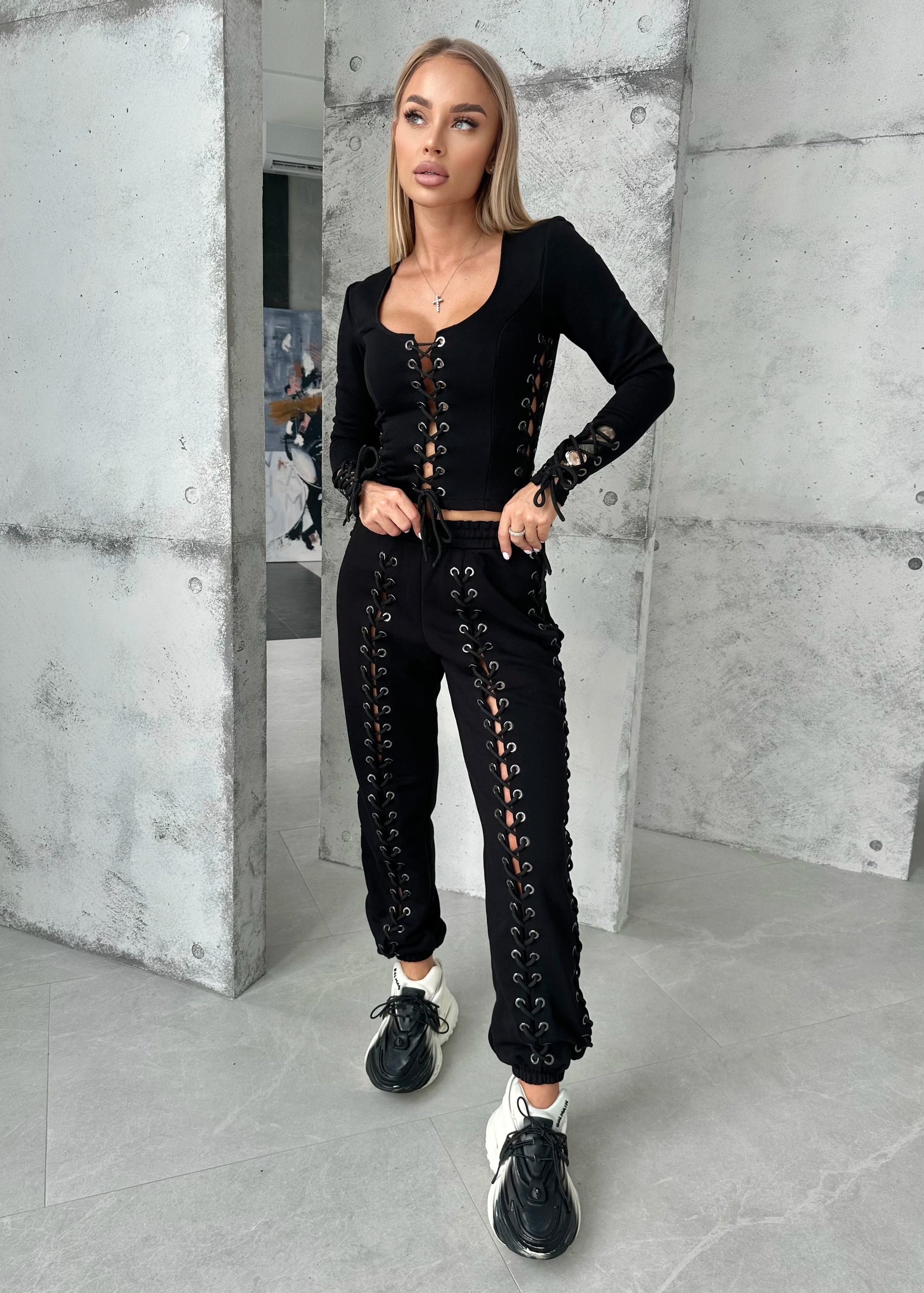 Women’s Black Lace-Up Corset Tracksuit — Lacy Long