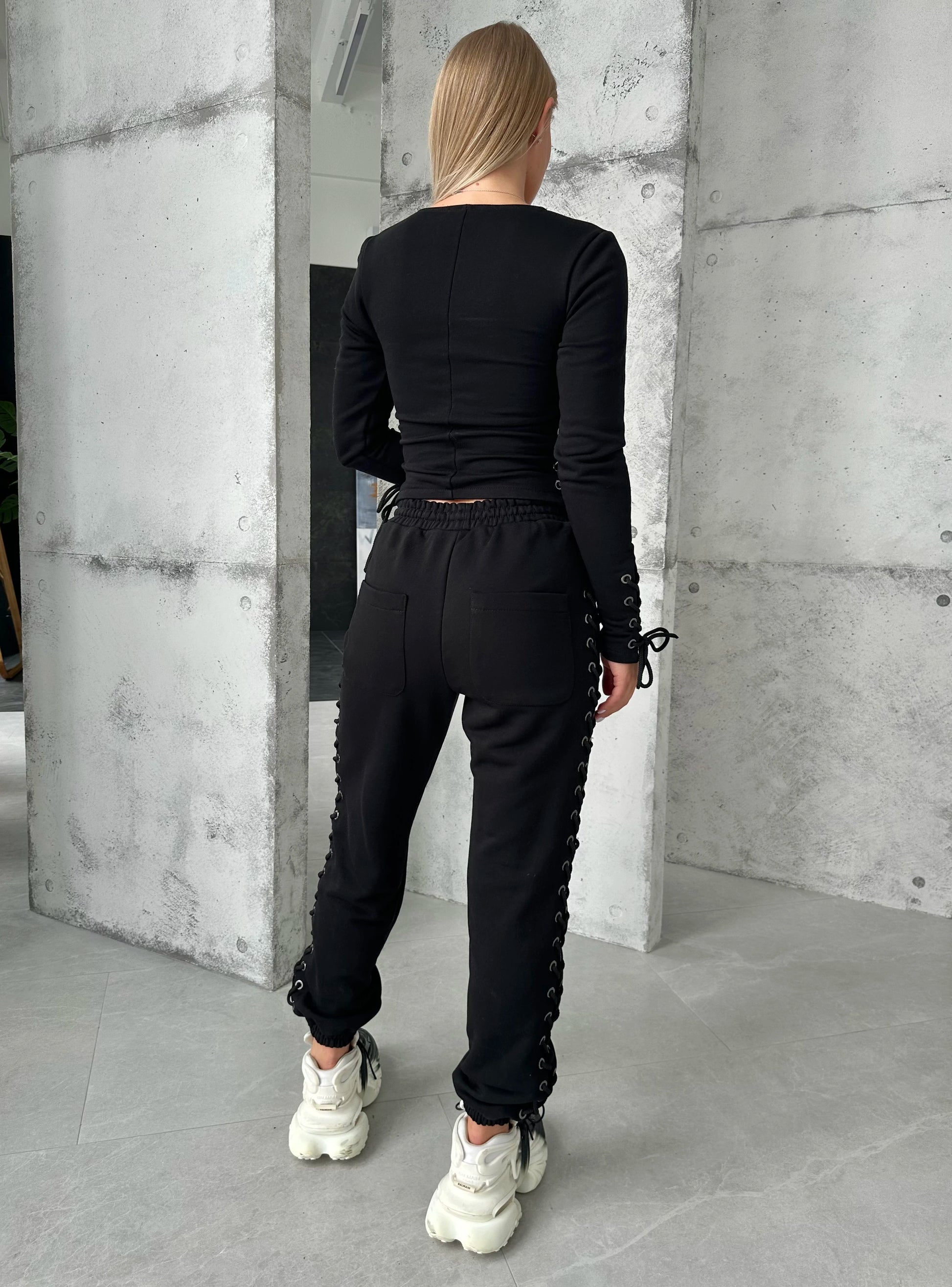 Women’s Black Lace-Up Corset Tracksuit — Lacy Long