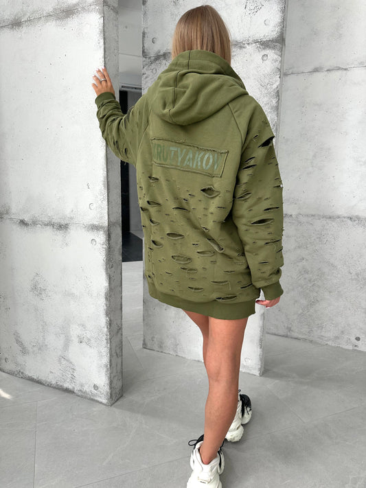WOMEN’S DESIGNER DISTRESSED LONG HOODIE — OLIVE DESTRA