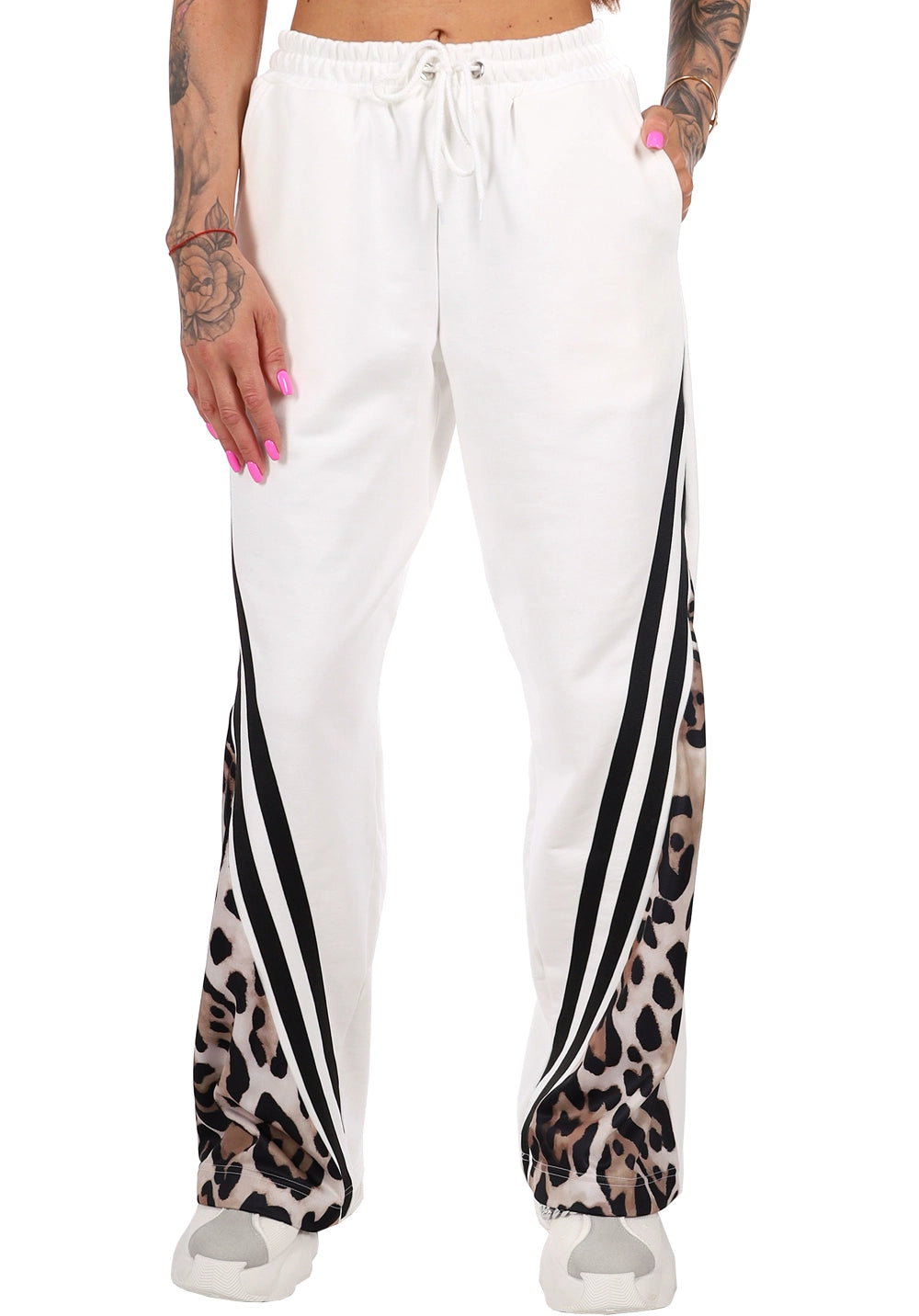 Women’s Leonia Wide-Leg Trousers Leopard Panel — White