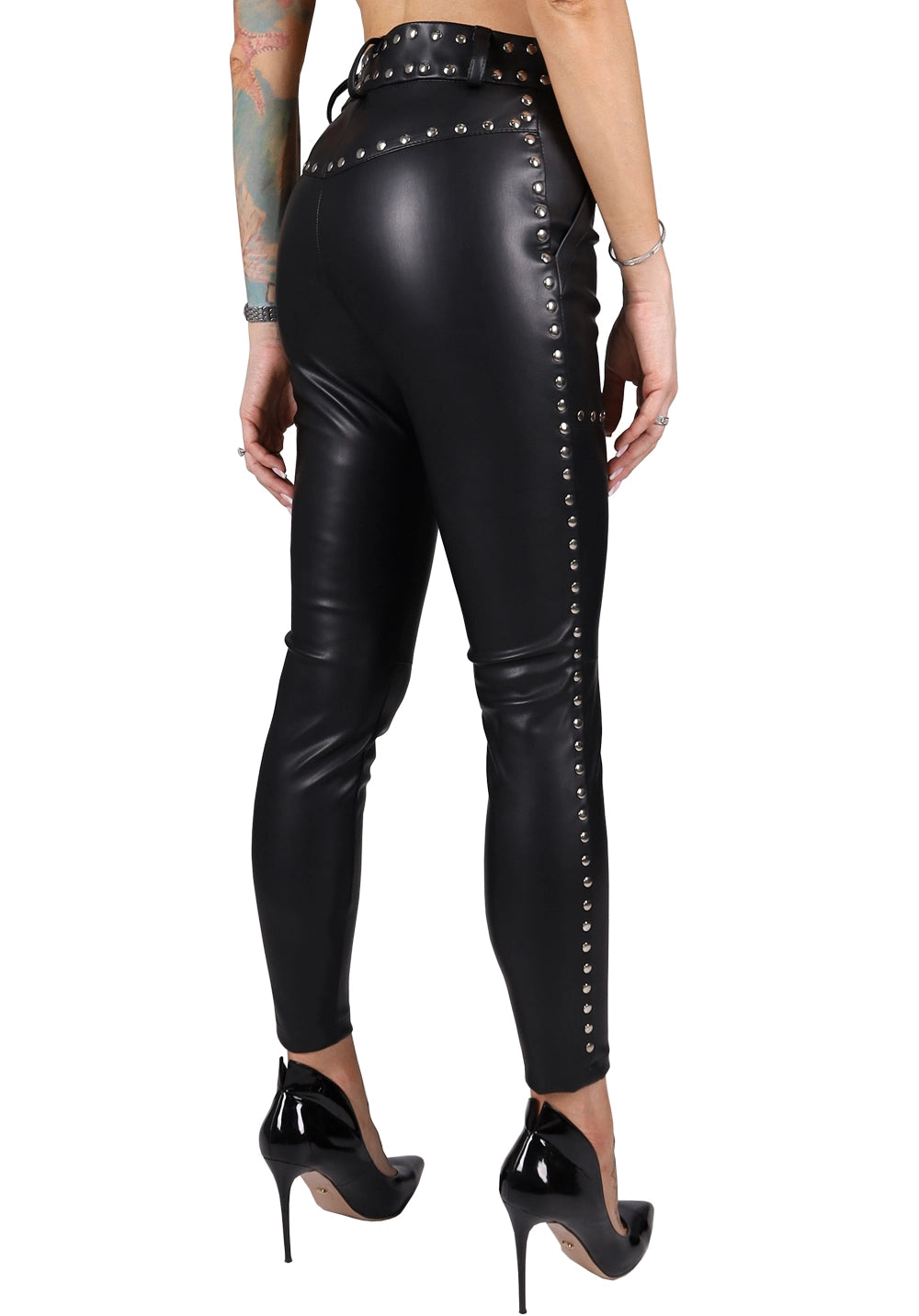 WOMEN’S STUDDED FAUX LEATHER LEGGINGS LERIA — BLACK