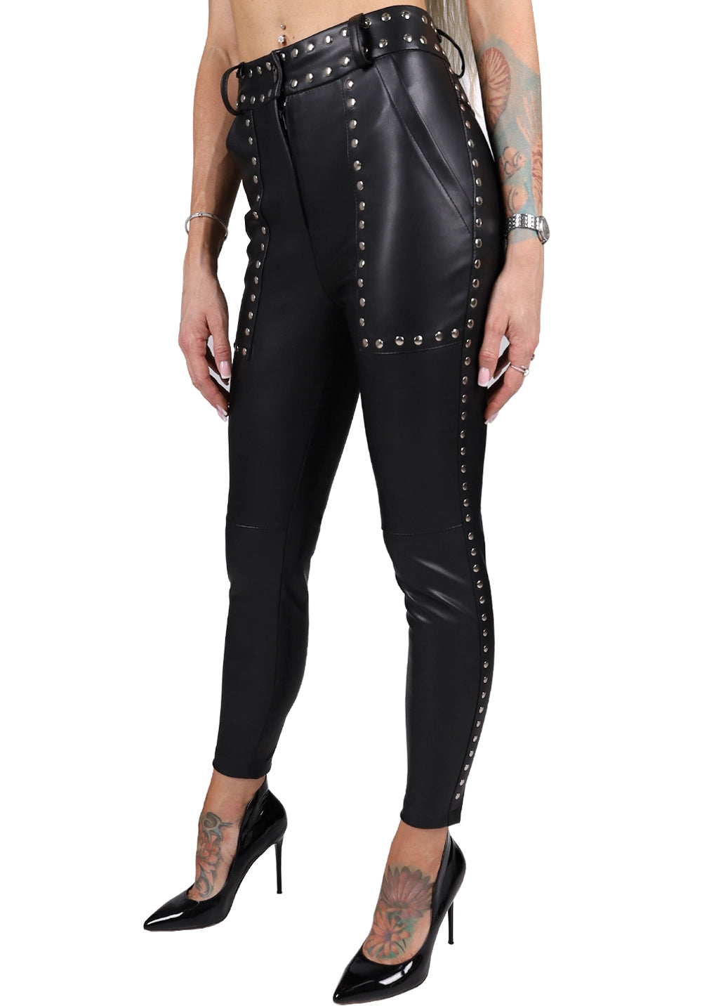 WOMEN’S STUDDED FAUX LEATHER LEGGINGS LERIA — BLACK