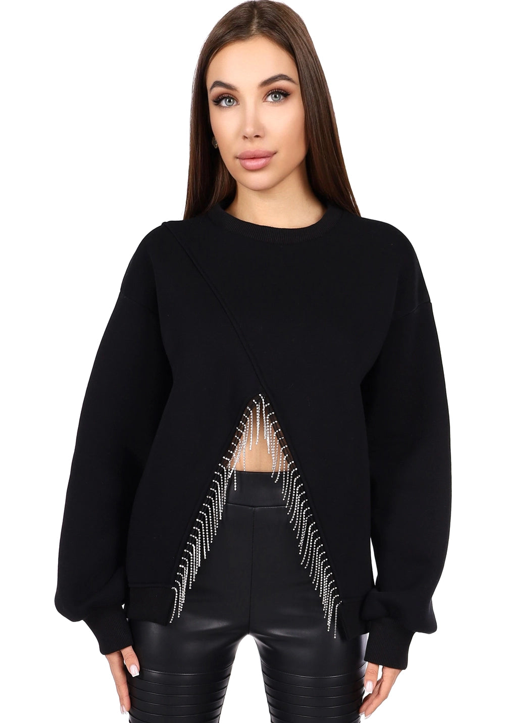 Women’s Sweatshirt — Lina Crystal Fringe Black