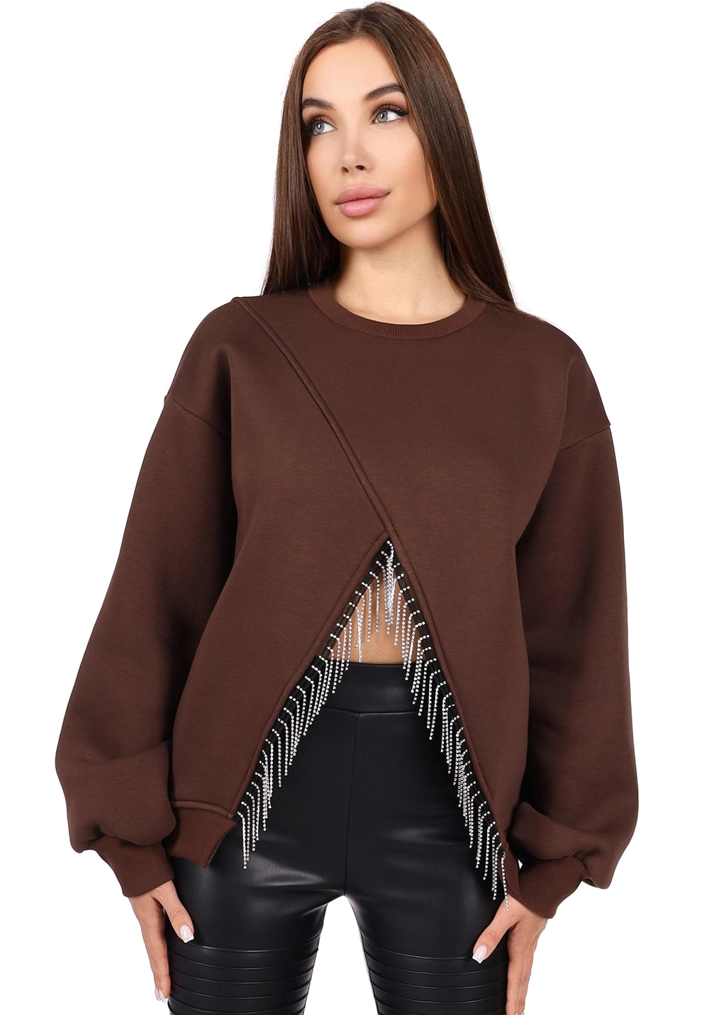 Women’s Sweatshirt — Lina Crystal Fringe Brown