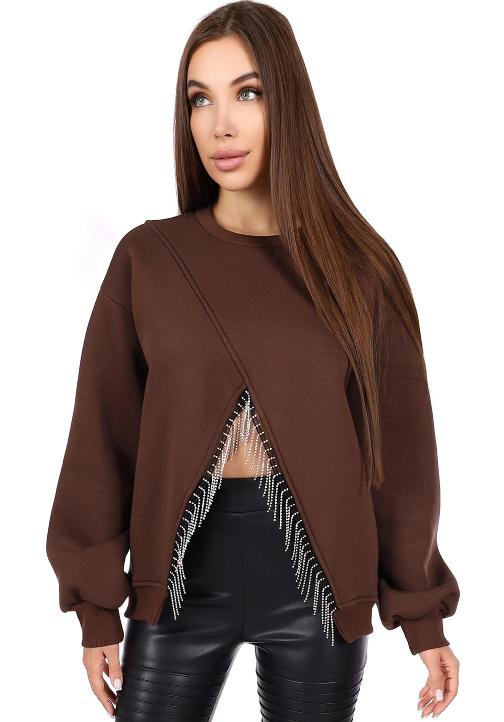 Women’s Sweatshirt — Lina Crystal Fringe Brown