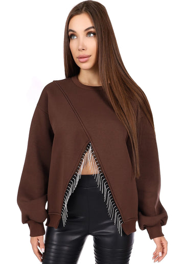 Women’s Sweatshirt — Lina Crystal Fringe Brown