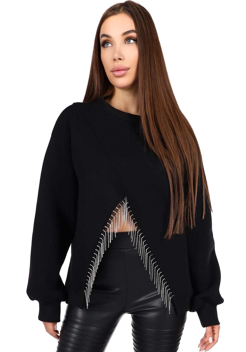 Women’s Sweatshirt — Lina Crystal Fringe Black