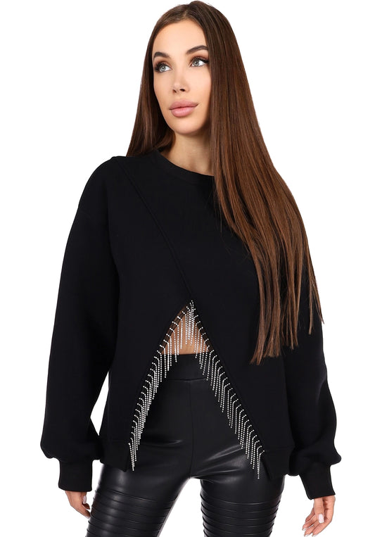 Women’s Sweatshirt — Lina Crystal Fringe Black