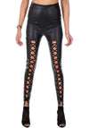 WOMEN’S LACE-UP PANEL FAUX LEATHER LEGGINGS LACING — BLACK