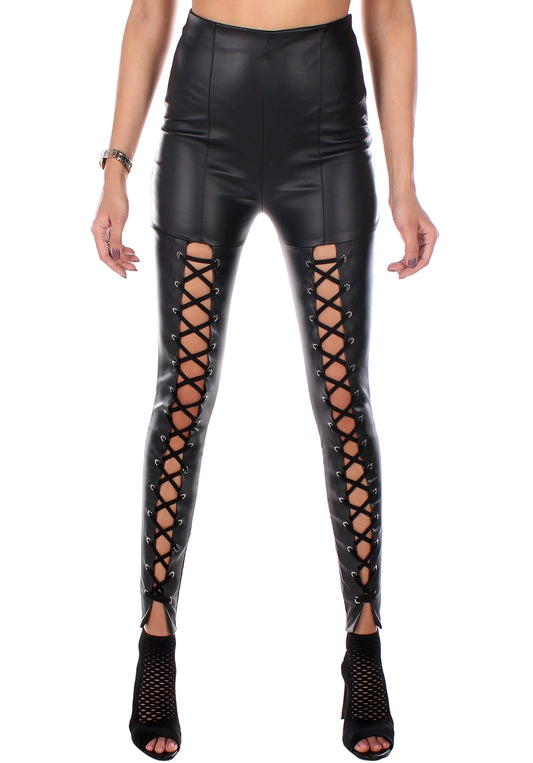 WOMEN’S LACE-UP PANEL FAUX LEATHER LEGGINGS LACING — BLACK
