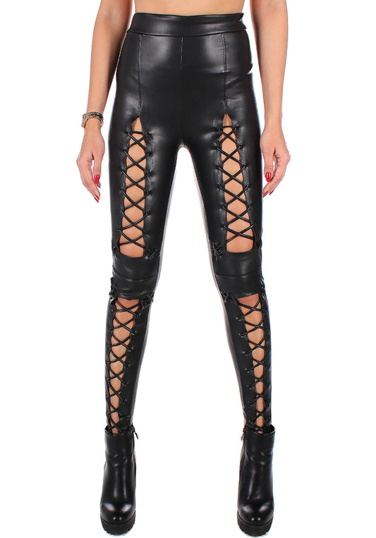 WOMEN’S FULL LACE-UP FAUX LEATHER LEGGINGS LACING 2 — BLACK