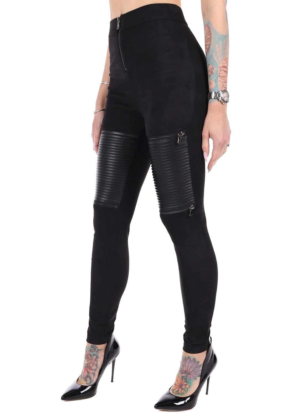 WOMEN’S SUEDE & FAUX LEATHER ZIP LEGGINGS LEATHER 4 — BLACK