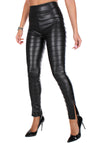 WOMEN’S RIBBED FAUX LEATHER SLIT LEGGINGS LINES — BLACK