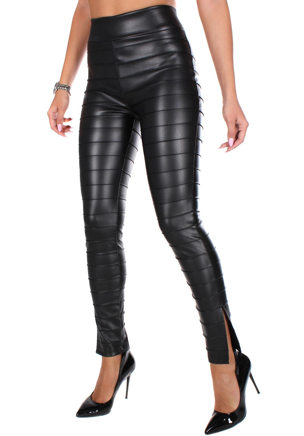 WOMEN’S RIBBED FAUX LEATHER SLIT LEGGINGS LINES — BLACK