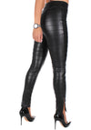 WOMEN’S RIBBED FAUX LEATHER SLIT LEGGINGS LINES — BLACK