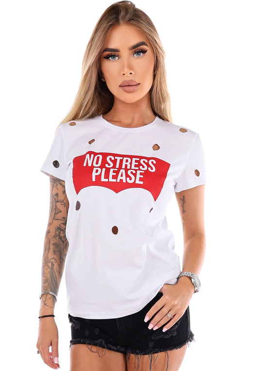 Women’s Cut-Out Print T-Shirt No Stress White