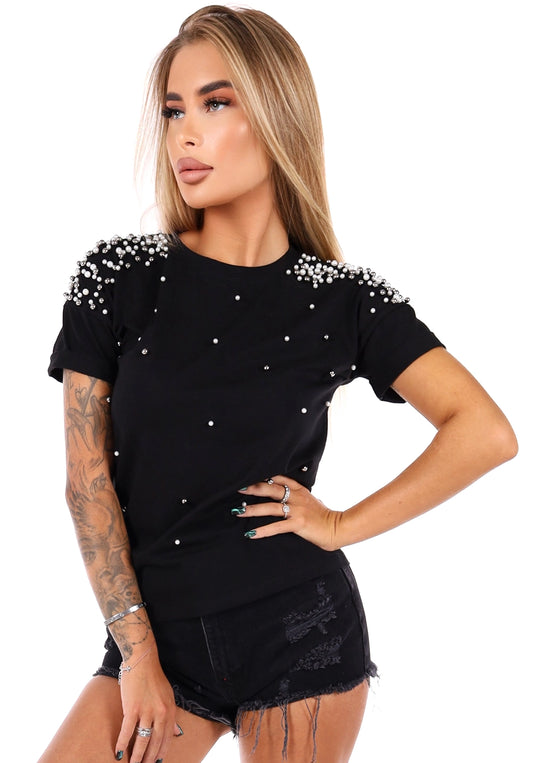 Women’s Pearl Embellished T-Shirt Pearls Black