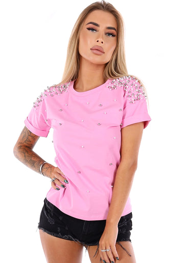 Women’s Pearl Embellished T-Shirt Pearls Pink