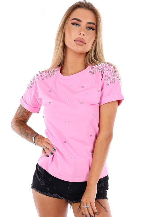 Women’s Pearl Embellished T-Shirt Pearls Pink