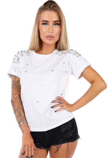 Women’s Pearl Embellished T-Shirt Pearls White