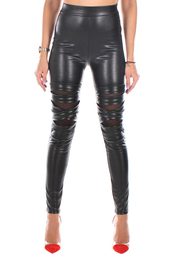 WOMEN’S MESH CRISS-CROSS FAUX LEATHER LEGGINGS PLEXUS — BLACK