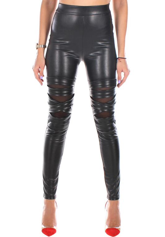WOMEN’S MESH CRISS-CROSS FAUX LEATHER LEGGINGS PLEXUS — BLACK