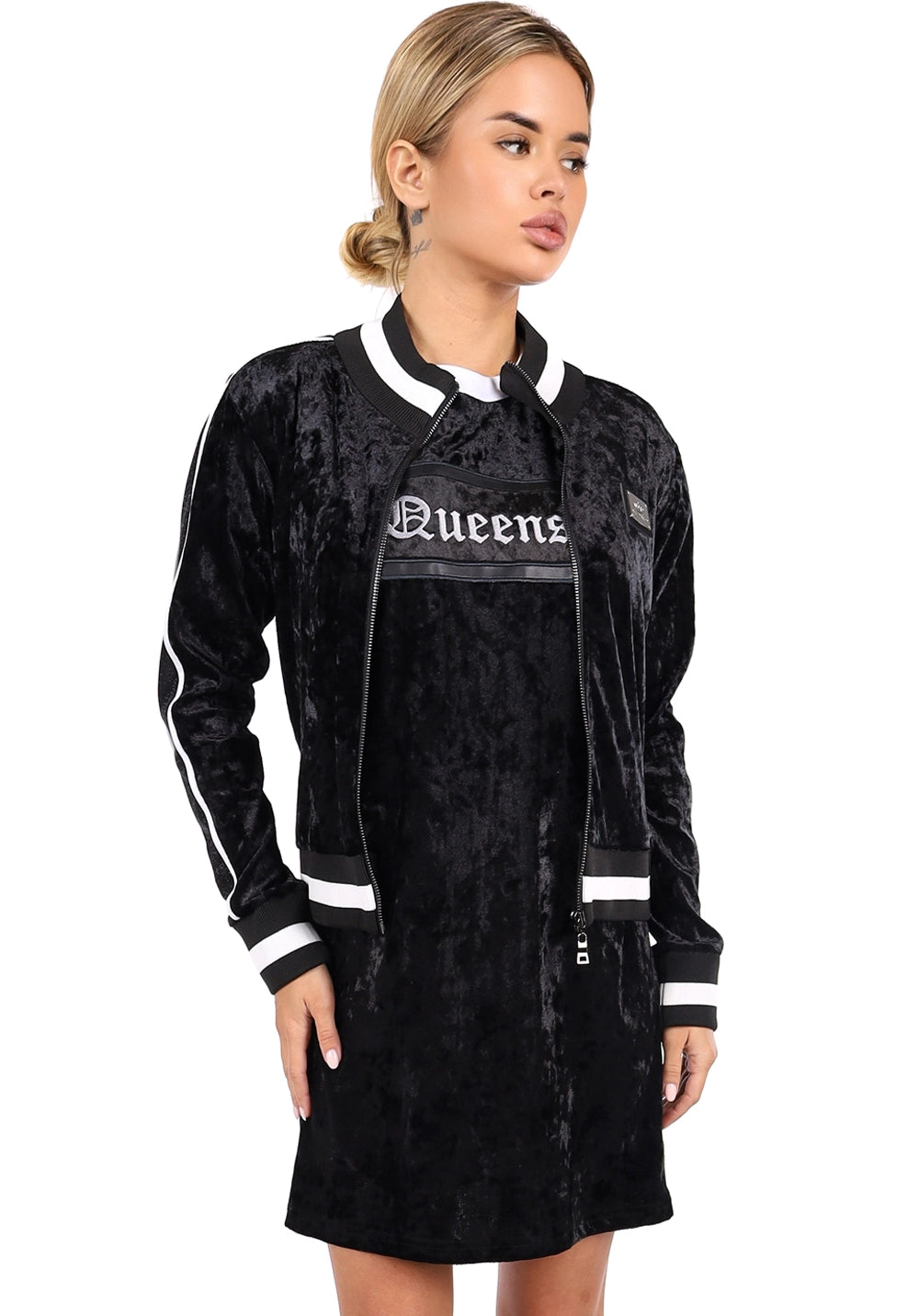 Women’s Queens Velour Bomber & Dress Set Black