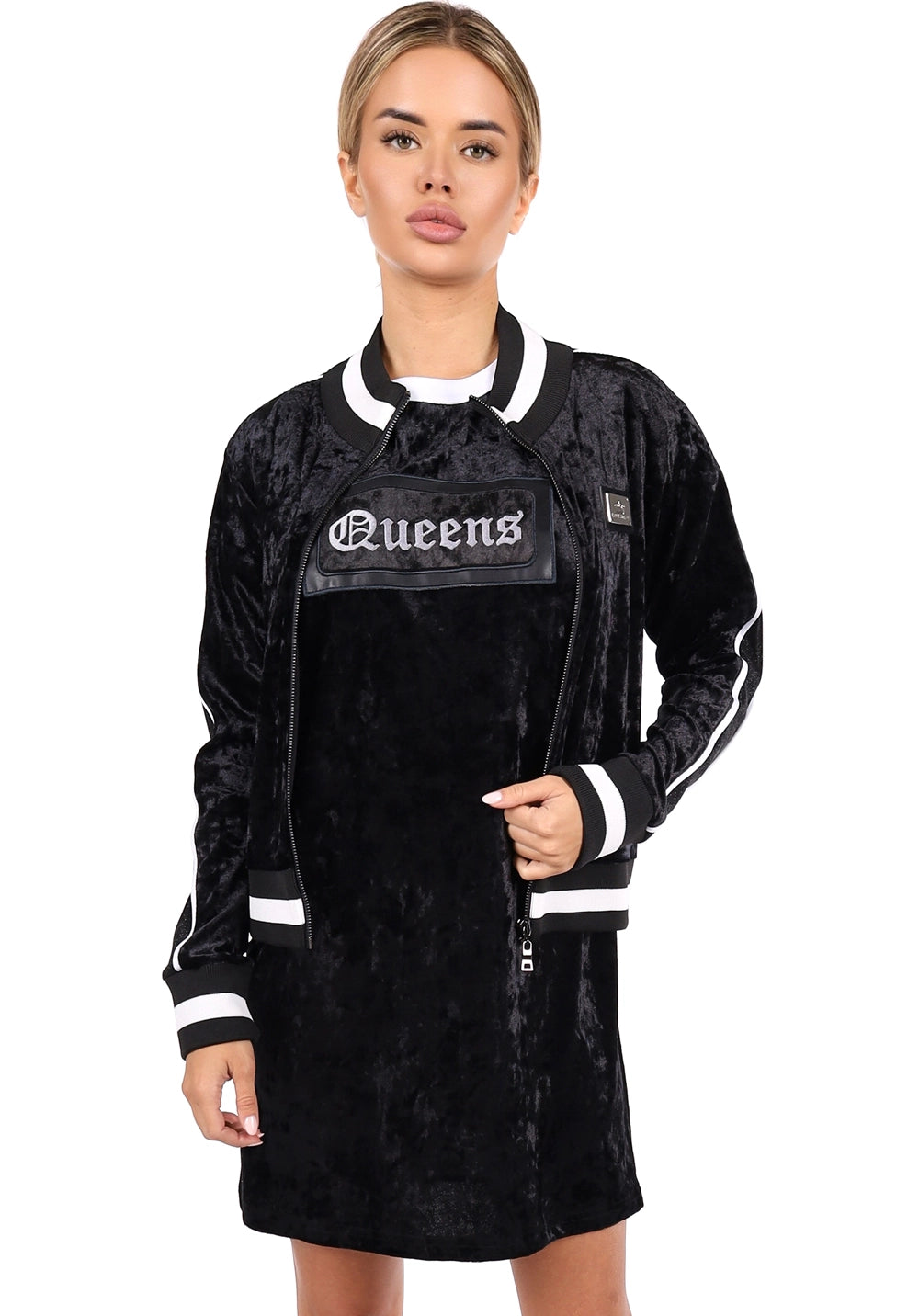 Women’s Queens Velour Bomber & Dress Set Black