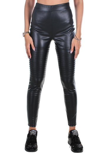 WOMEN’S RIBBED FAUX LEATHER LEGGINGS QUILTED — BLACK