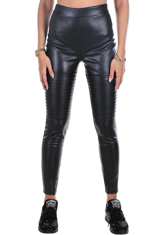 WOMEN’S RIBBED FAUX LEATHER LEGGINGS QUILTED — BLACK