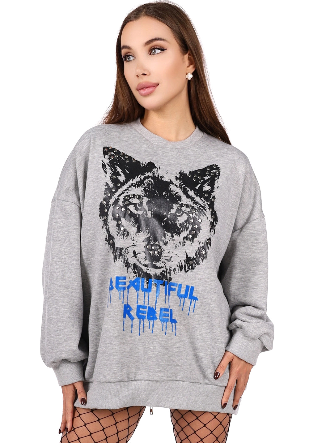WOMEN’S OVERSIZE SWEATSHIRT REBEL WOLF — GREY